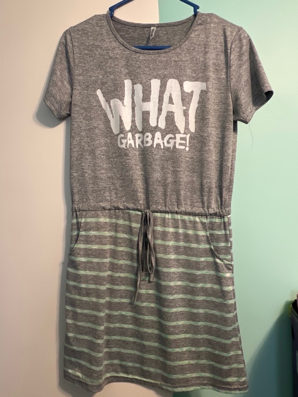 Gray Striped Midi Dress with Drawstring Waist and Graphic Front